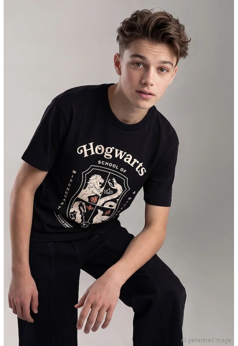 Tricou cu imprimeu grafic, Negru/Bej deschis
