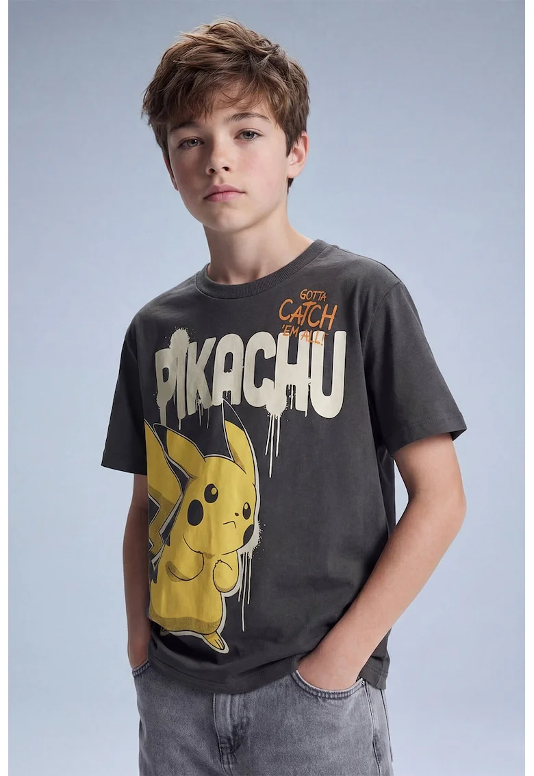 Tricou de bumbac Pikachu, Gri antracit