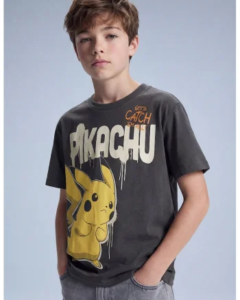 Tricou de bumbac Pikachu, Gri antracit