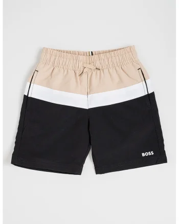 Pantaloni scurti de baie cu snur in talie, Alb/Negru/Bej inchis
