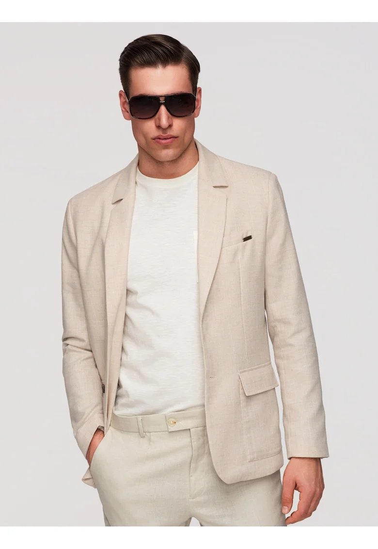 Sacou Barbati Elegant Texturat Regular Fit cu Nasturi Contrastanti, Bej