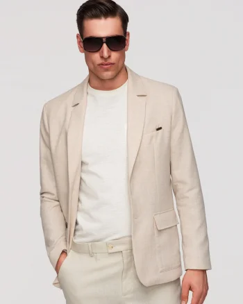 Sacou Barbati Elegant Texturat Regular Fit cu Nasturi Contrastanti, Bej