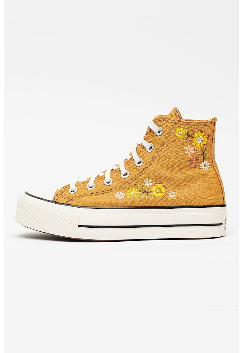 Tenisi inalti Chuck Taylor All Star Lift cu platforma si broderii florale, Galben mustar