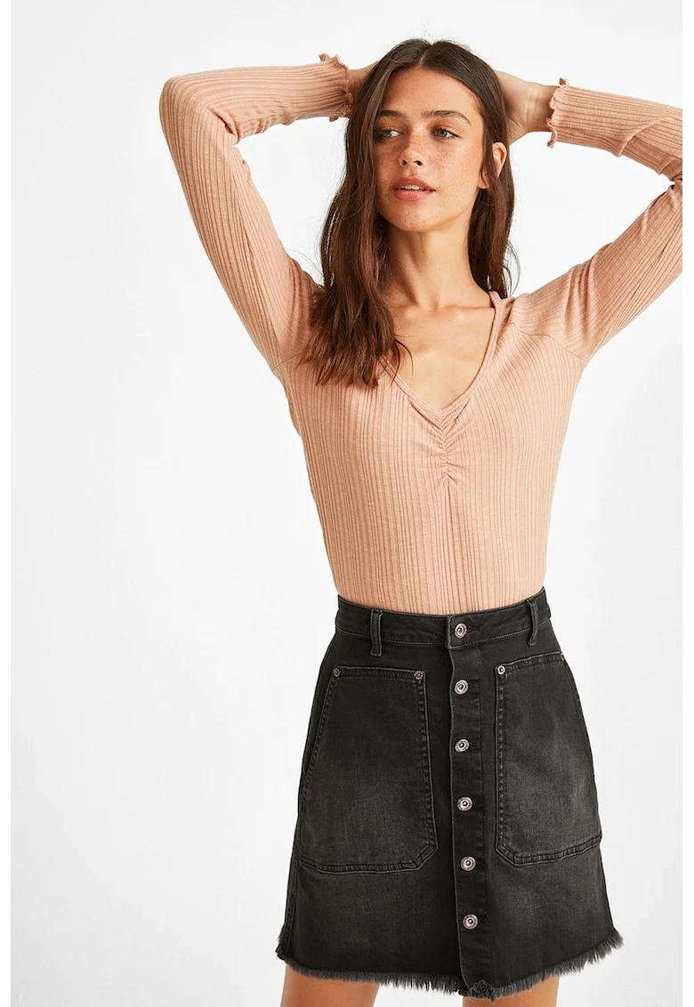 Pulover crop tricotat fin, Portocaliu deschis