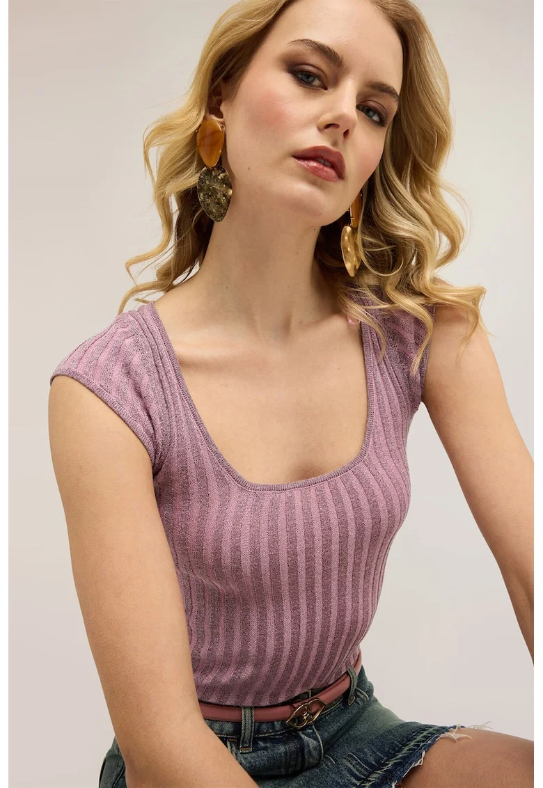 Tricou striat cu decolteu amplu, Liliac prafuit