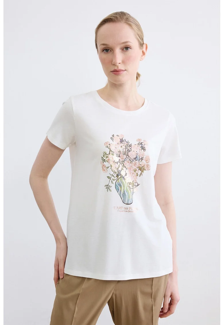 Tricou cu imprimeu floral si text, Alb