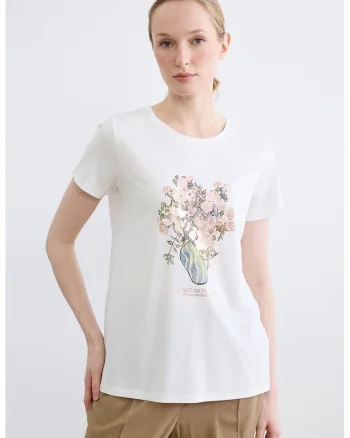 Tricou cu imprimeu floral si text, Alb