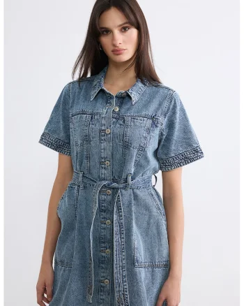 Rochie-camasa de denim, Albastru melange