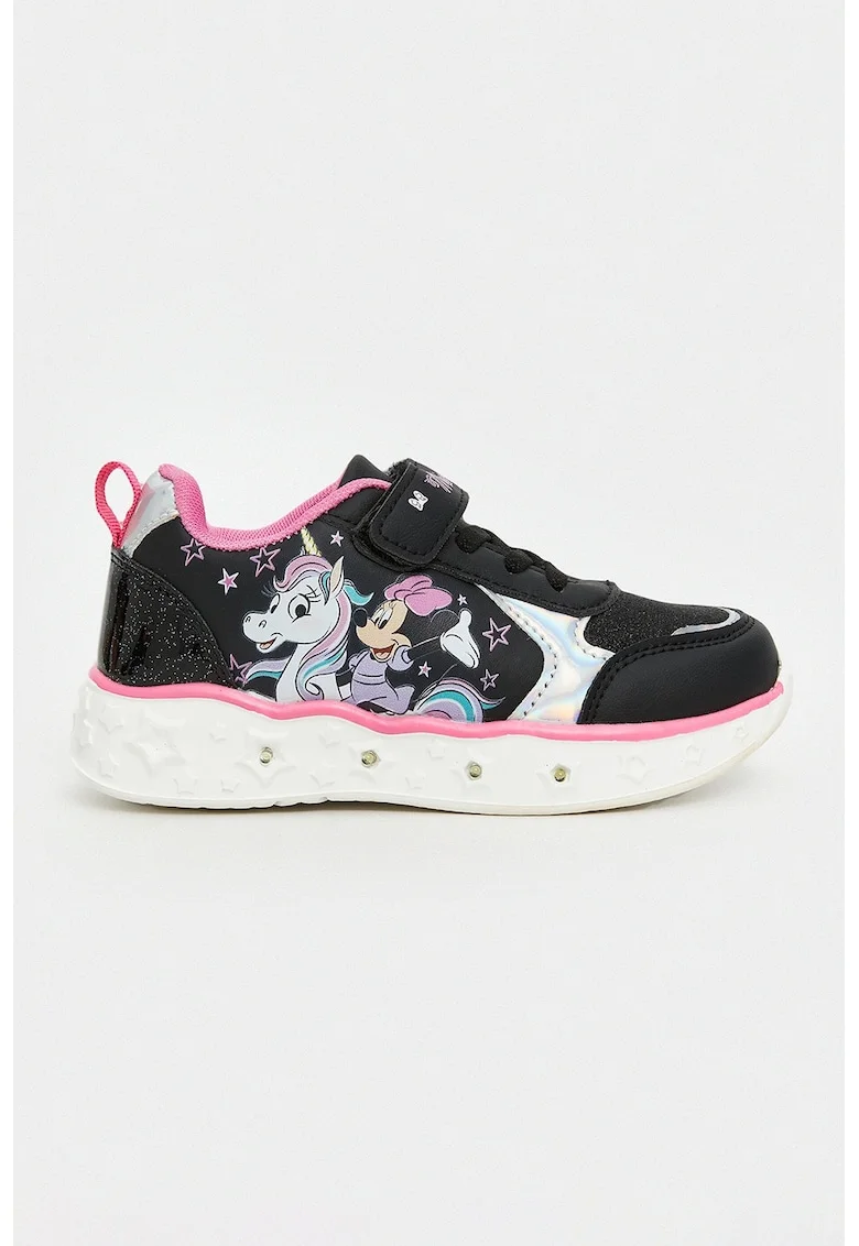 Pantofi sport cu imprimeu Minnie Mouse, segmente stralucitoare si lumini, Negru/Lila/Roz