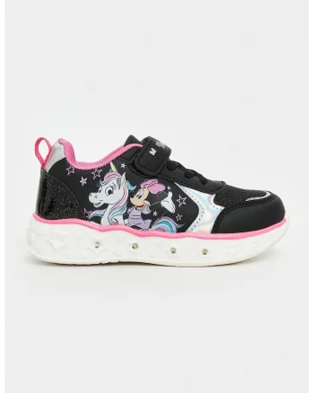 Pantofi sport cu imprimeu Minnie Mouse, segmente stralucitoare si lumini, Negru/Lila/Roz