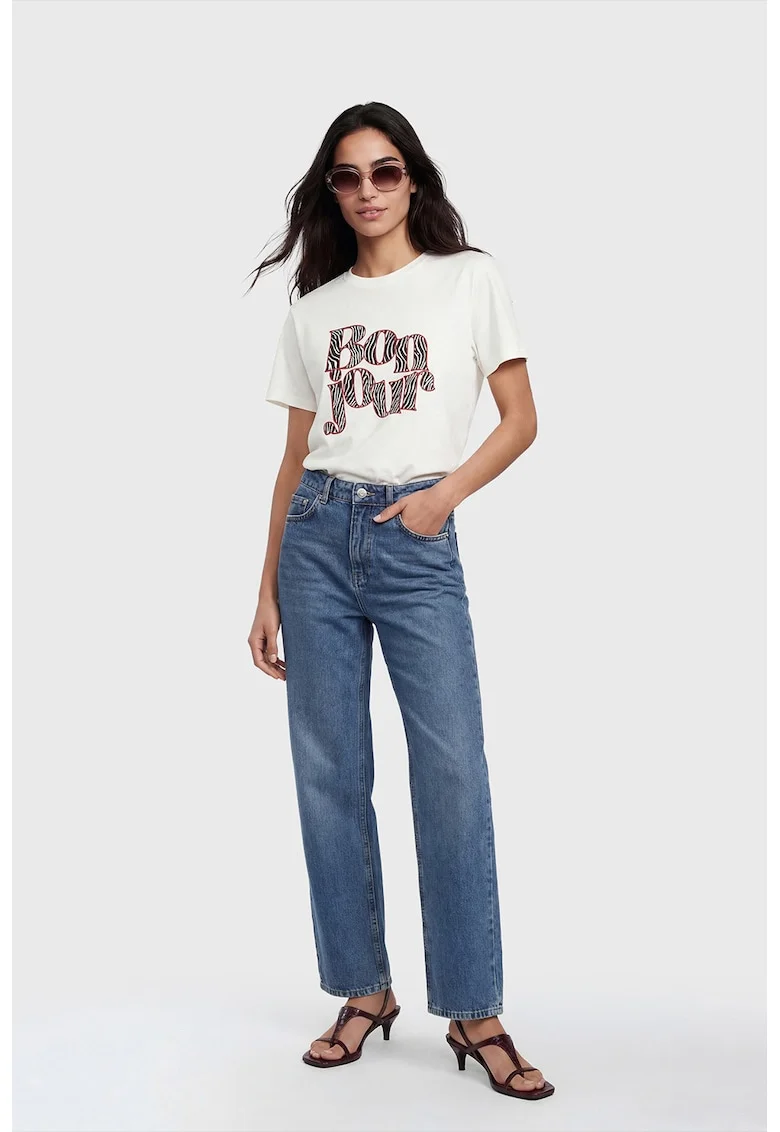 Tricou cu decolteu la baza gatului si imprimeu text, Negru/Coral/Alb optic