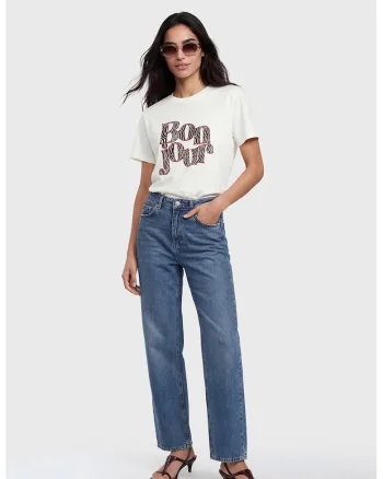 Tricou cu decolteu la baza gatului si imprimeu text, Negru/Coral/Alb optic