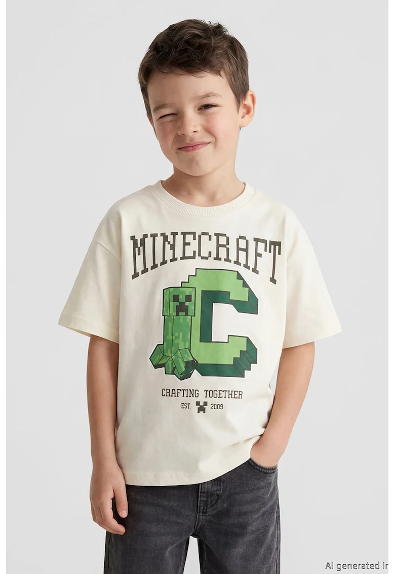 Tricou de bumbac cu Minecraft, Verde/Bej deschis