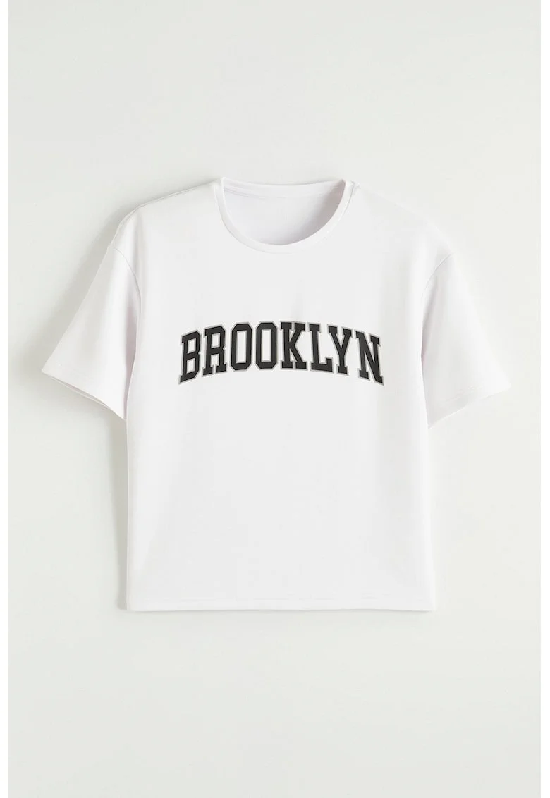 Tricou cu decolteu la baza gatului si imprimeu text, Negru/Alb optic