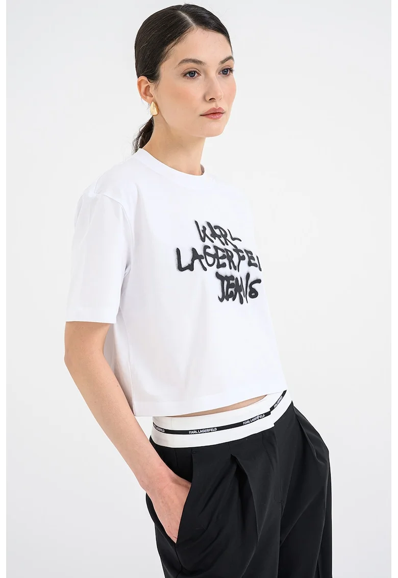 Tricou crop din bumbac cu imprimeu graffiti, Negru/Alb optic