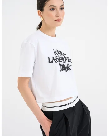 Tricou crop din bumbac cu imprimeu graffiti, Negru/Alb optic