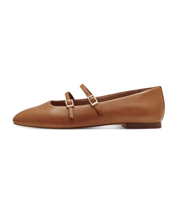 Balerini de piele cu barete cu catarame, Maro cognac