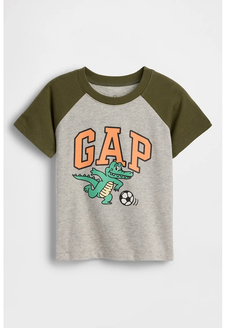 Tricou din bumbac cu imprimeu grafic si logo, Verde masliniu/Gri deschis melange