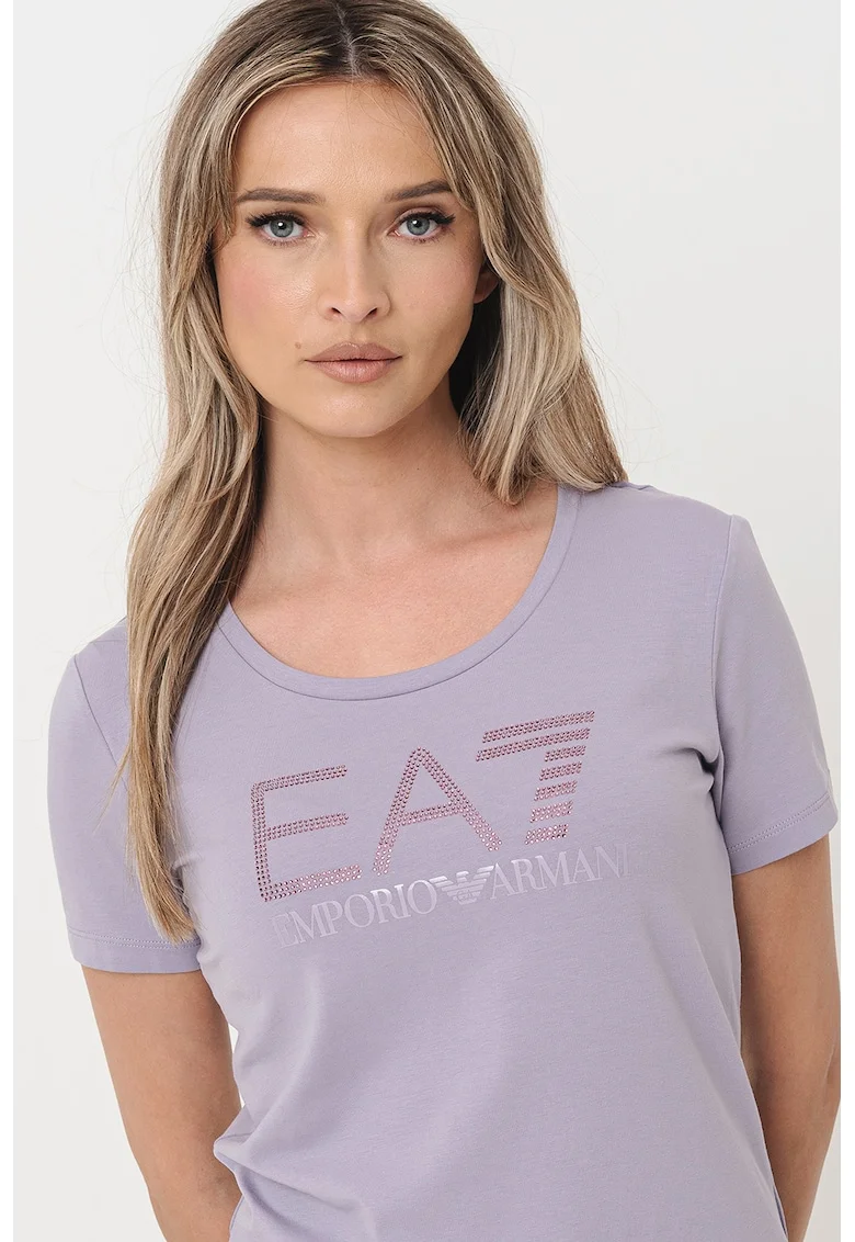 Tricou cu decolteu rotund si imprimeu logo, Lila