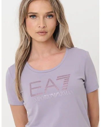 Tricou cu decolteu rotund si imprimeu logo, Lila