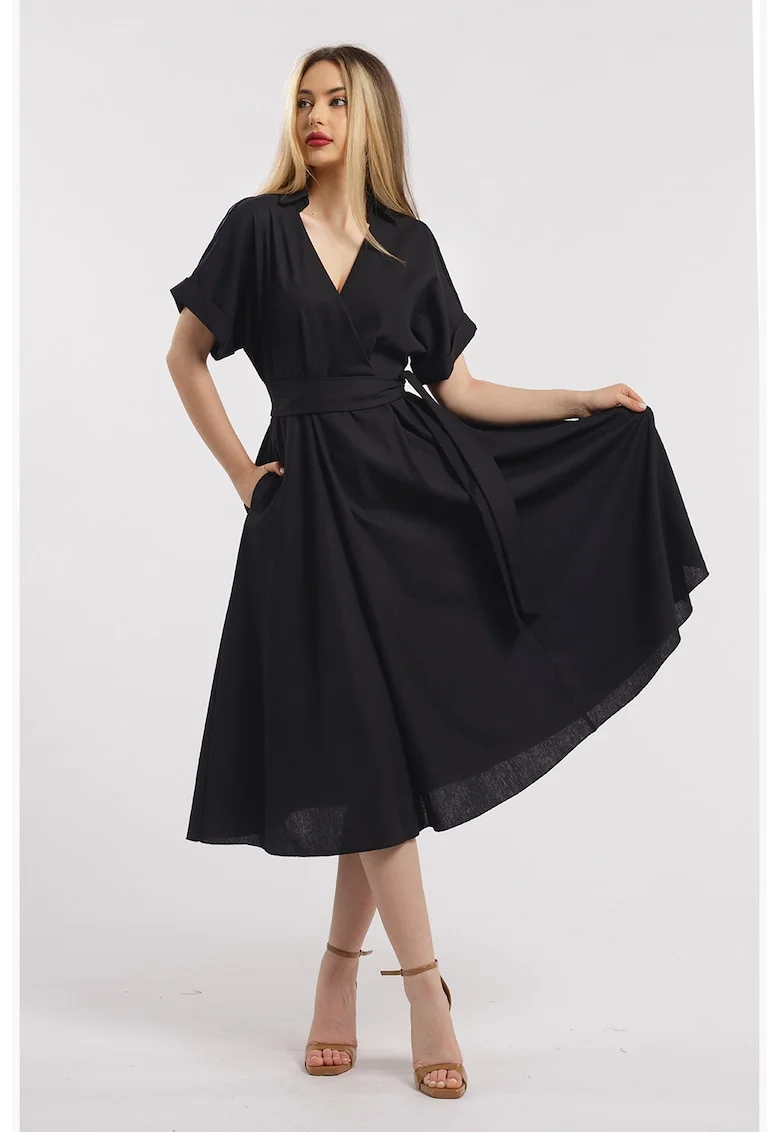Rochie midi evazata din in cu decolteu in V, Negru