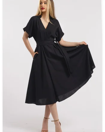 Rochie midi evazata din in cu decolteu in V, Negru