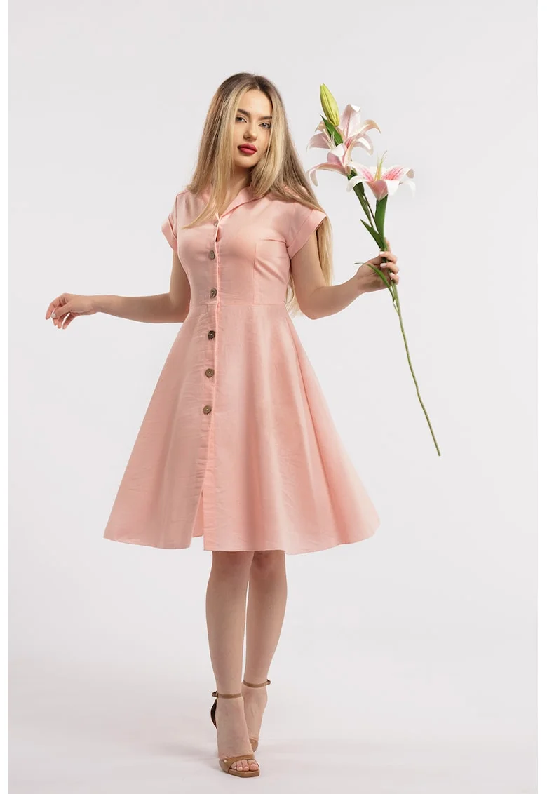 Rochie-camasa evazata din in, Roz pal