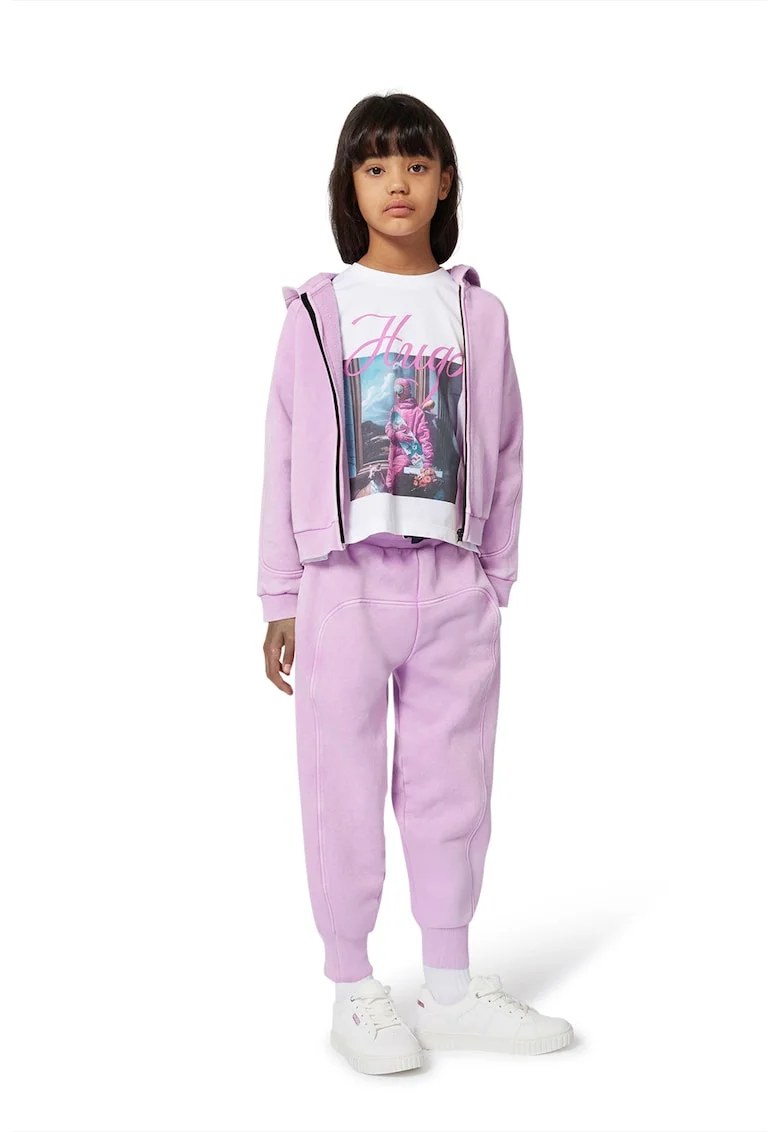 Tricou de bumbac cu imprimeu logo si foto, Alb/Fucsia/Albastru deschis