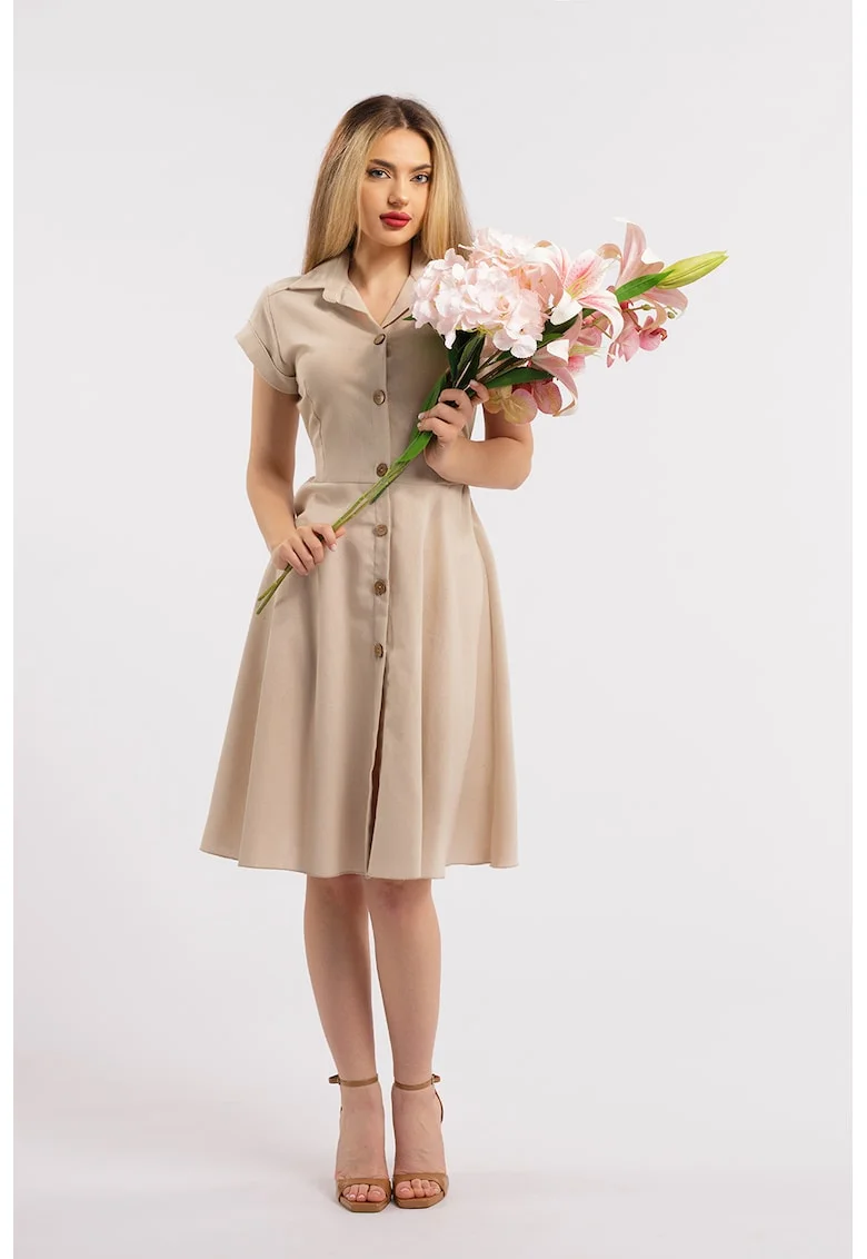Rochie-camasa evazata din in, Bej