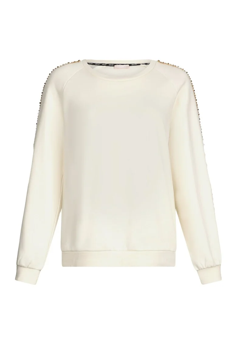 Bluza de trening cu decolteu rotund si strasuri, Alb fildes