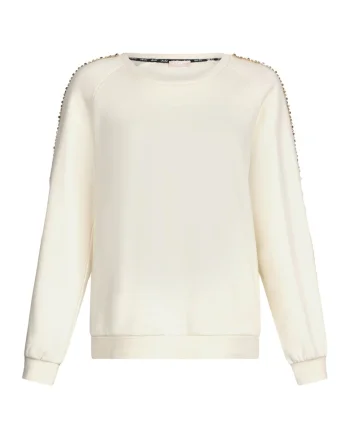 Bluza de trening cu decolteu rotund si strasuri, Alb fildes