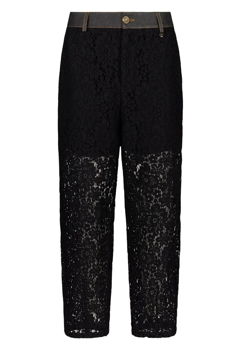 Pantaloni cu talie inalta si strat exterior de dantela, Negru
