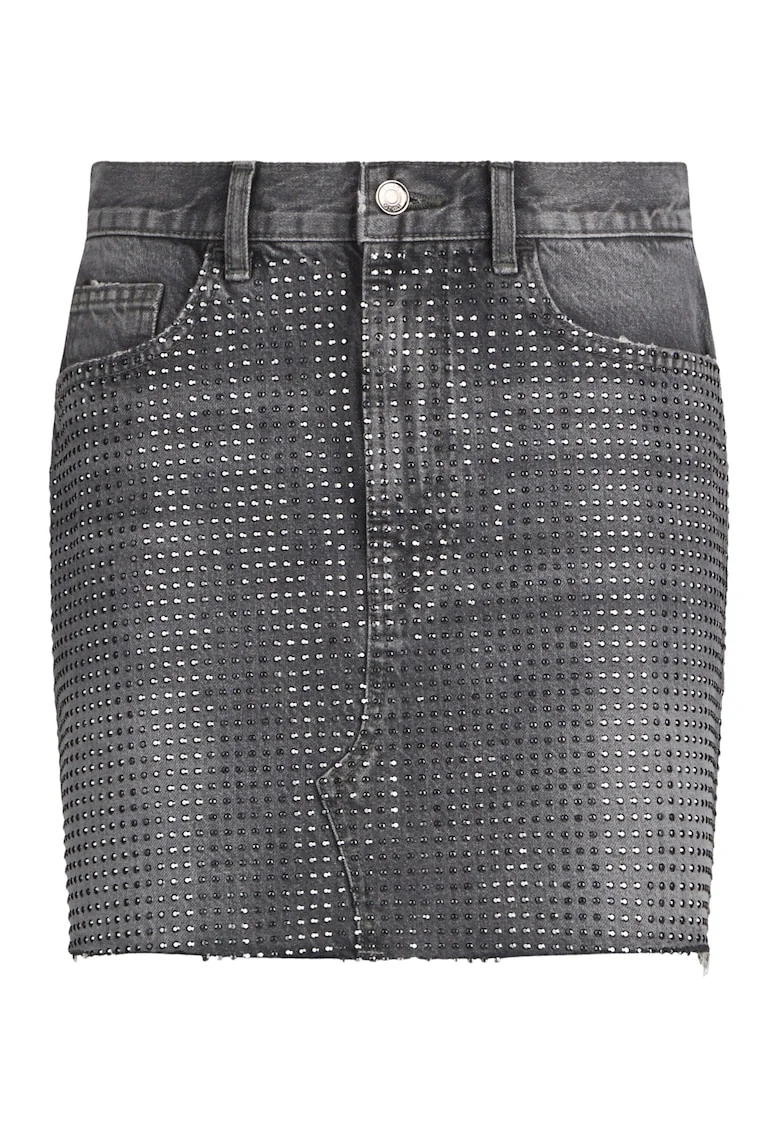 Fusta mini din denim cu strasuri, Gri