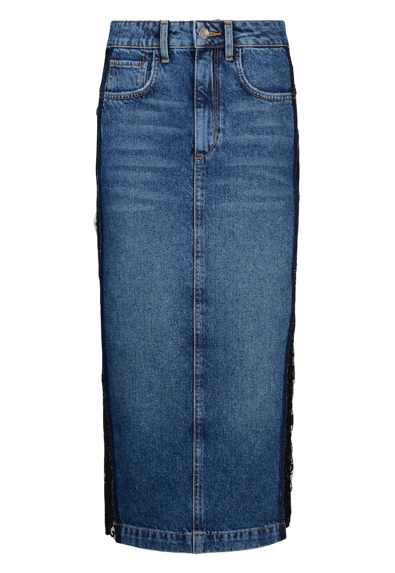 Fusta midi din denim cu insertii de dantela, Bleumarin