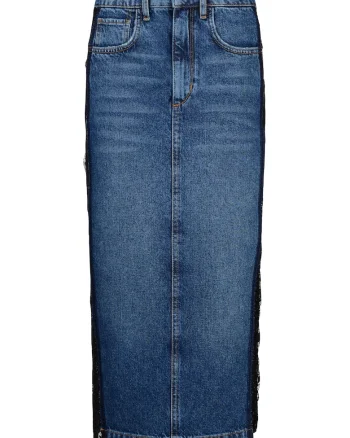 Fusta midi din denim cu insertii de dantela, Bleumarin