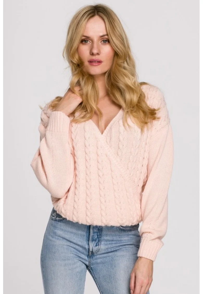 Pulover cu design cu torsade, Roz deschis