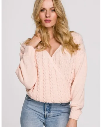 Pulover cu design cu torsade, Roz deschis