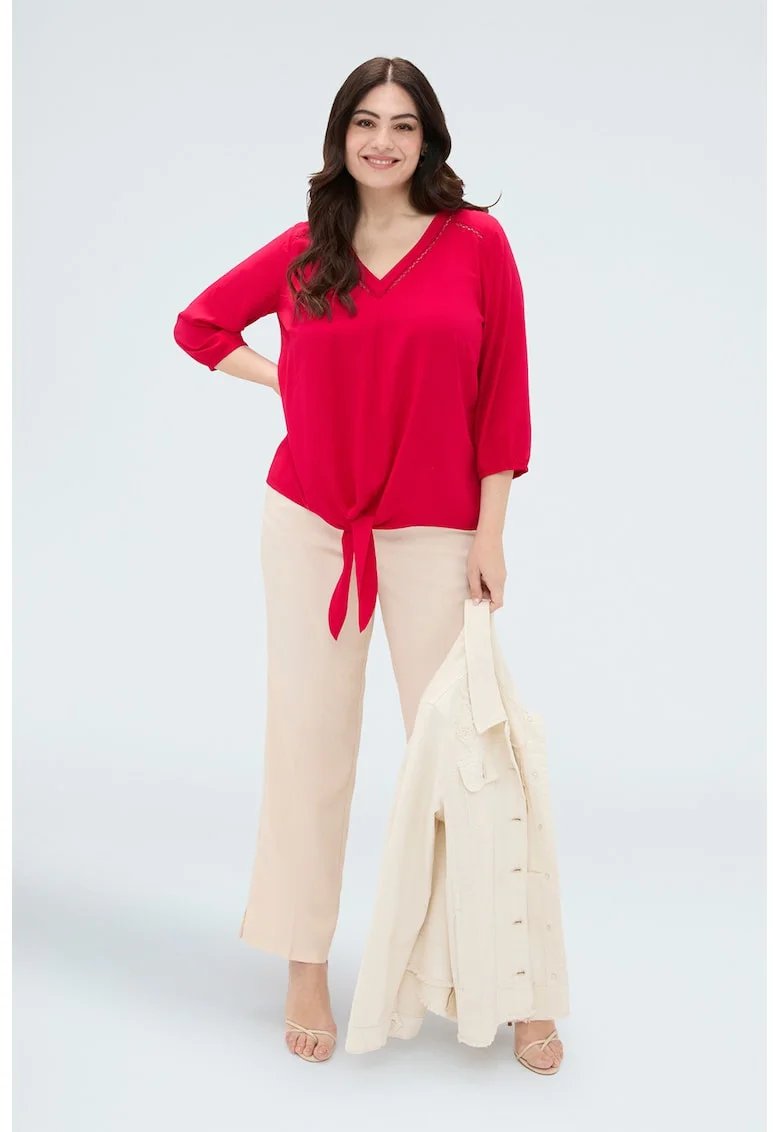 Bluza cu decolteu in V si design nod, Rosu vermillion