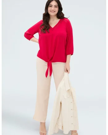 Bluza cu decolteu in V si design nod, Rosu vermillion