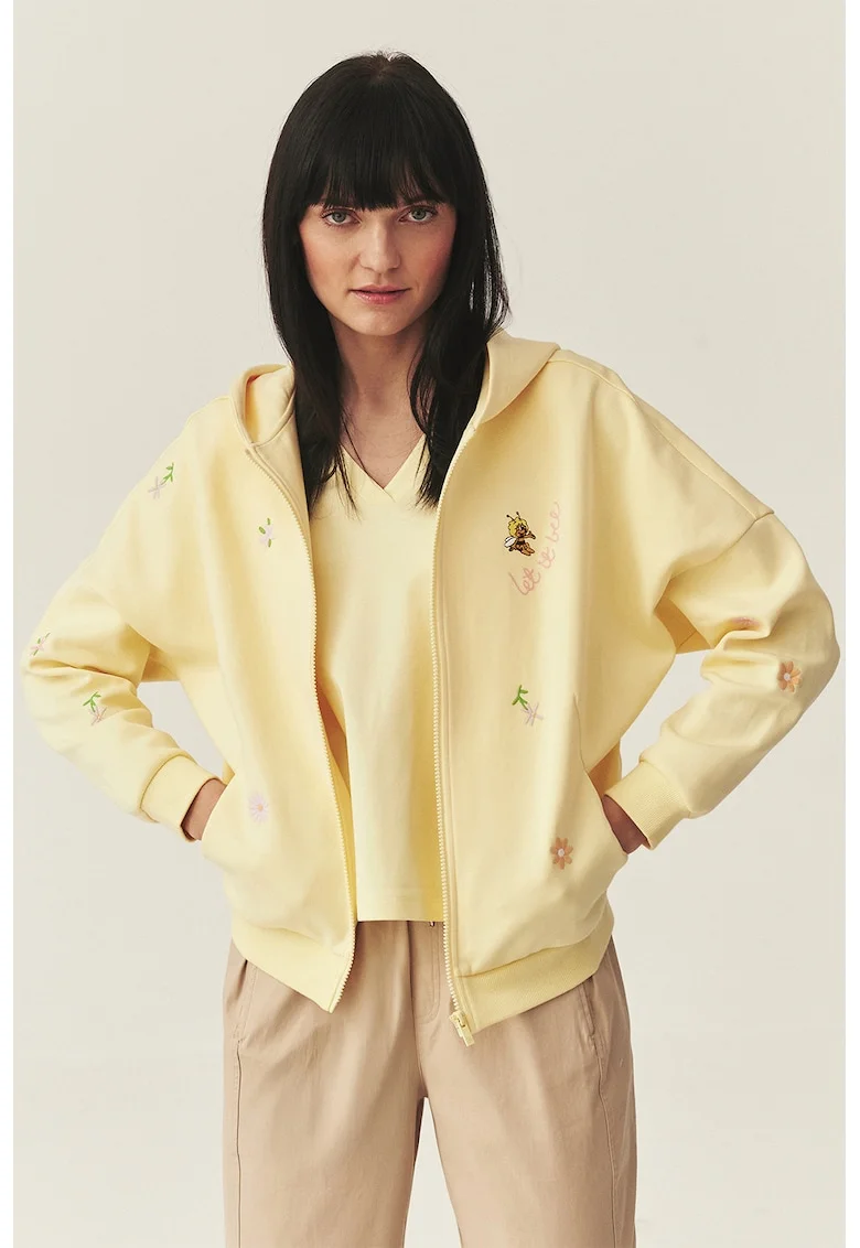 Hanorac cu fermoar si broderii florale, Galben pastel