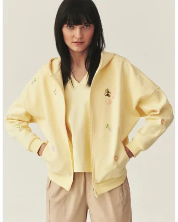 Hanorac cu fermoar si broderii florale, Galben pastel