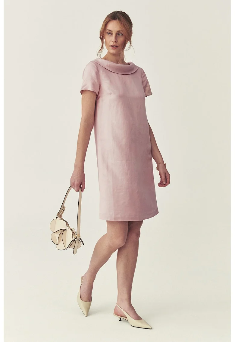 Rochie din amestec de in cu decolteu rotund, Roz pastel