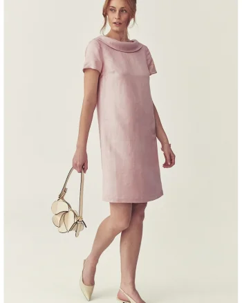 Rochie din amestec de in cu decolteu rotund, Roz pastel