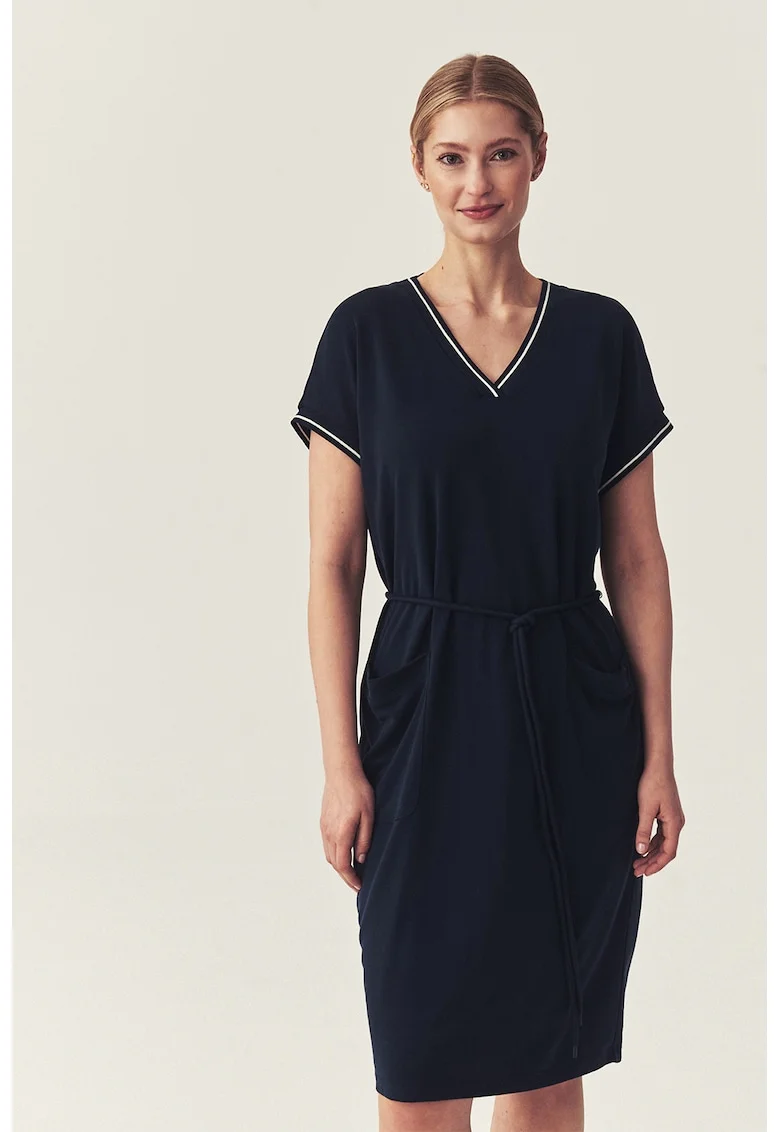 Rochie din amestec de modal cu decolteu in V, Albastru ultramarin