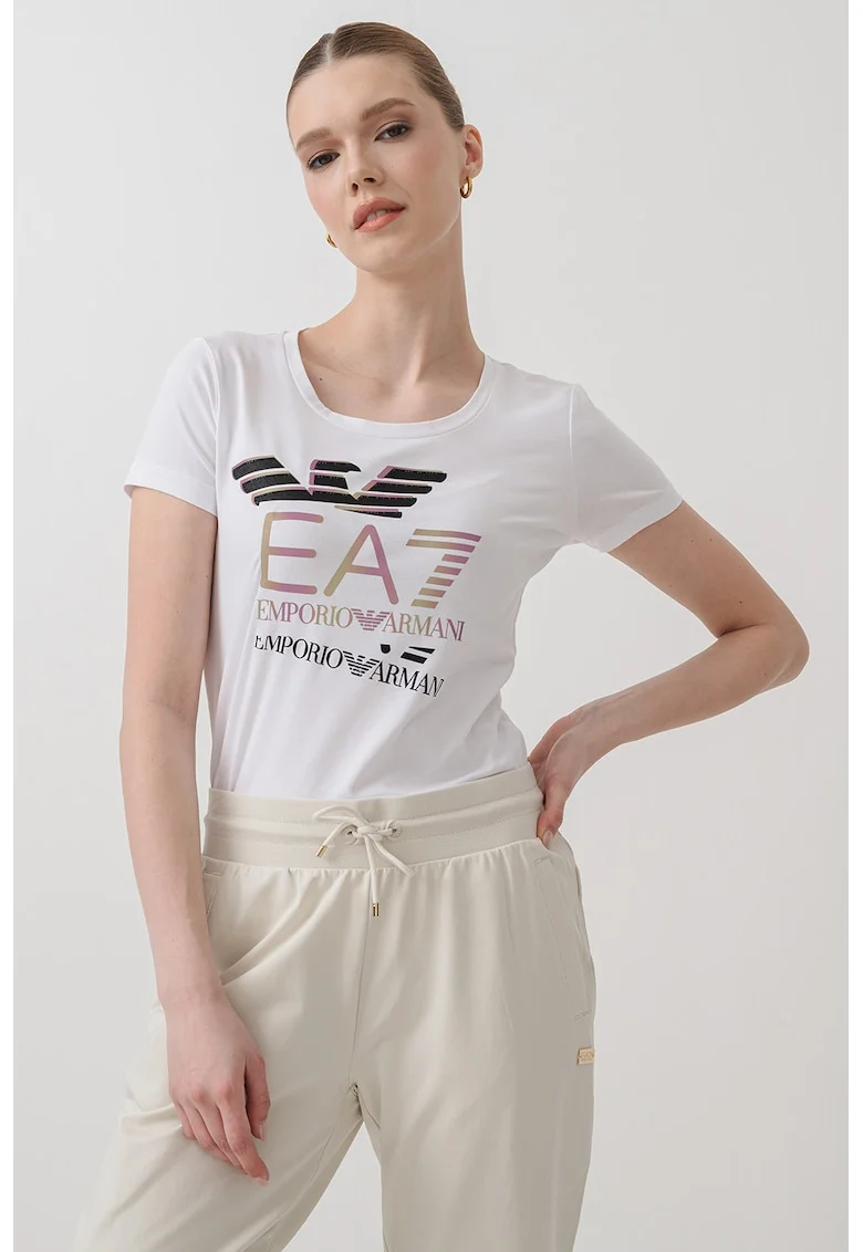 Tricou slim fit cu imprimeu logo, Alb