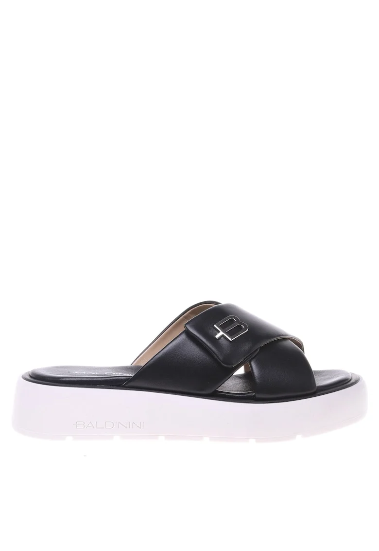 Papuci de piele cu logo metalic, Negru