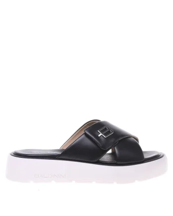 Papuci de piele cu logo metalic, Negru
