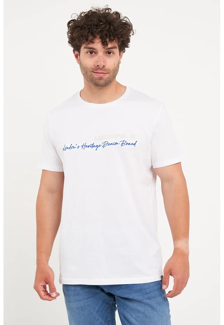 Tricou cu decolteu la baza gatului si imprimeu logo, Alb/Albastru