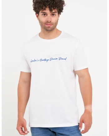 Tricou cu decolteu la baza gatului si imprimeu logo, Alb/Albastru