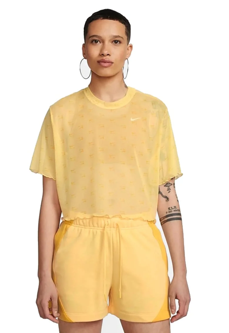 Tricou crop din plasa cu imprimeu logo Air, Galben pai